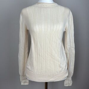 Sessùn Cable Pointelle Knit Sweater Cream Ivory Sheer Sleeves Size S